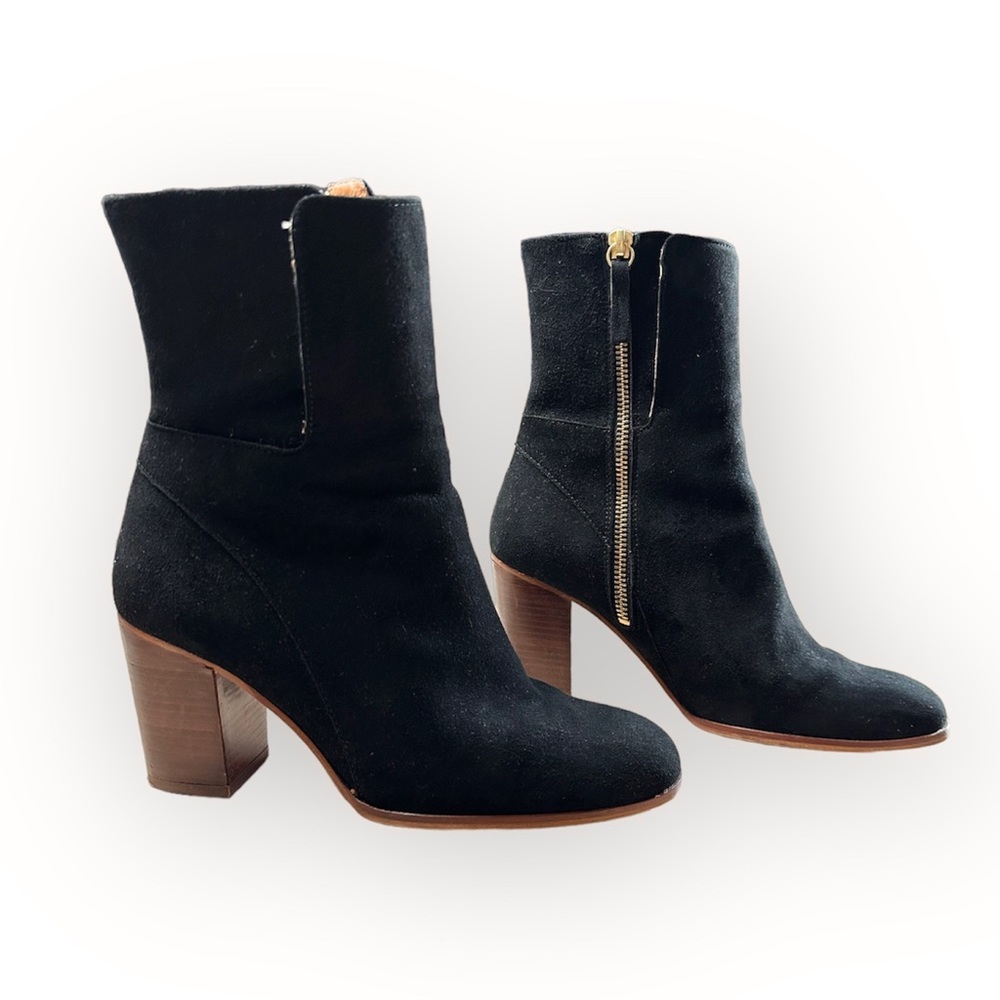 Free People Black Suede Ankle Boots Heeled Booties Gold Zipper Women's 37 or 7